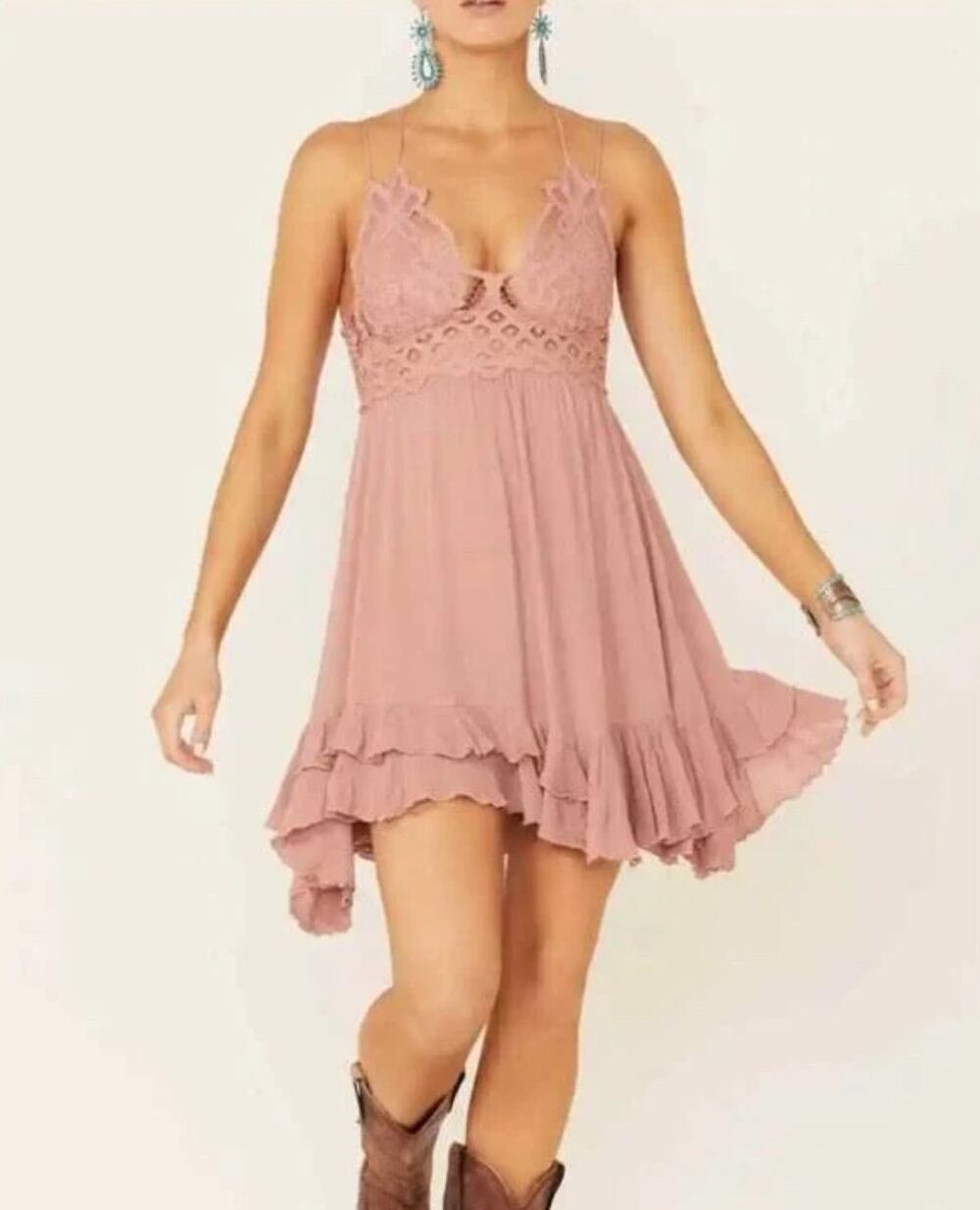 Free People FP One Mauve Crochet Lace Boho Adella Slip Dress large